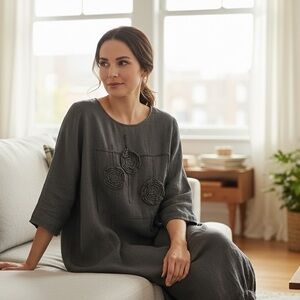 Cheyenne Gray Blue Floral Embroidered Lagenlook Oversized Linen Maxi Dress